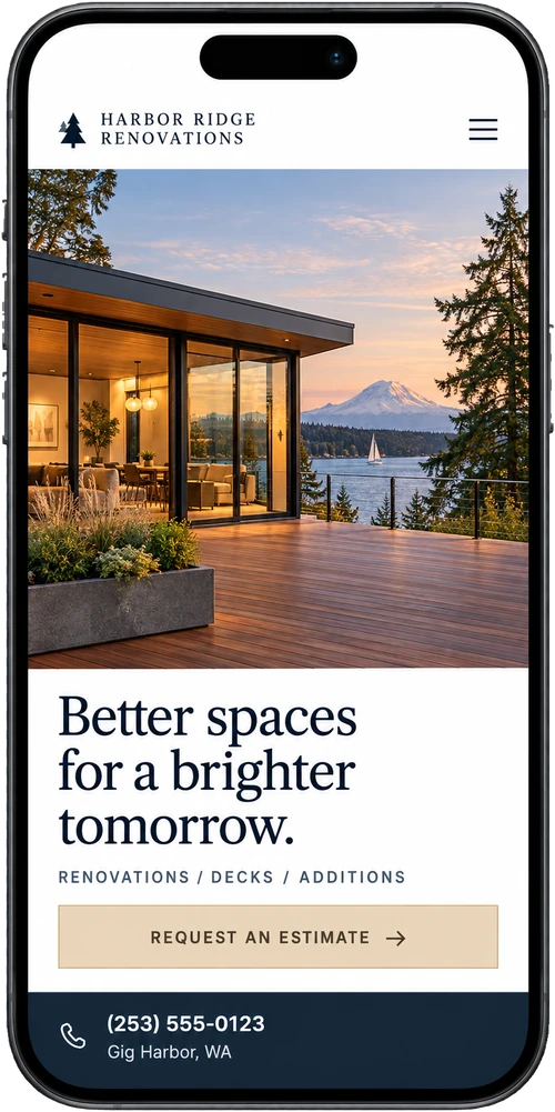 A phone showing the same Harbor Ridge design, with waterfront home photography