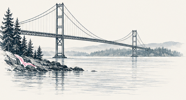 Line illustration of the Tacoma Narrows Bridge seen from the Gig Harbor shore.