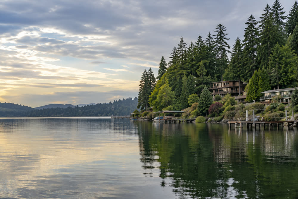 A fir-ringed lake with wooden docks in Lakewood