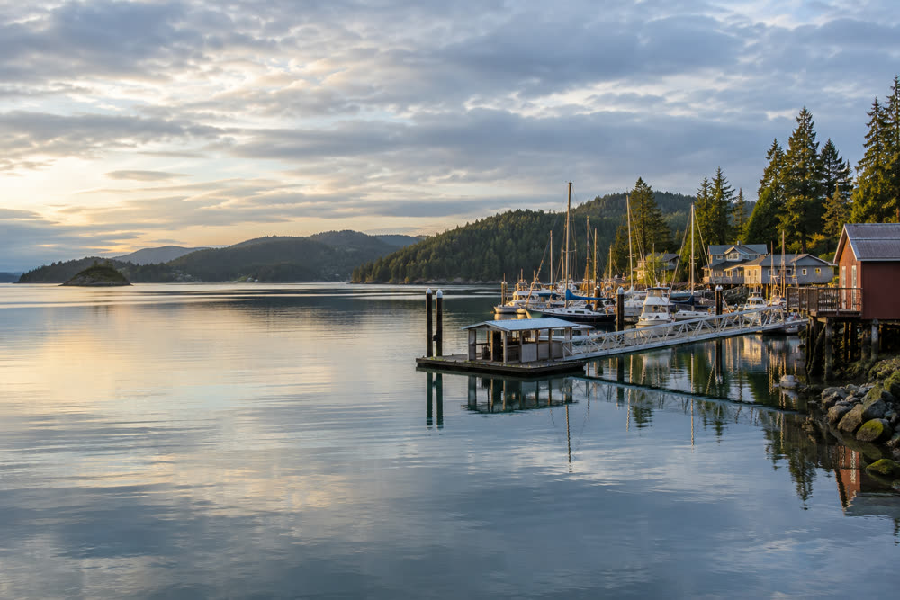 A calm inlet at Port Orchard with a small marina and a foot-ferry dock
