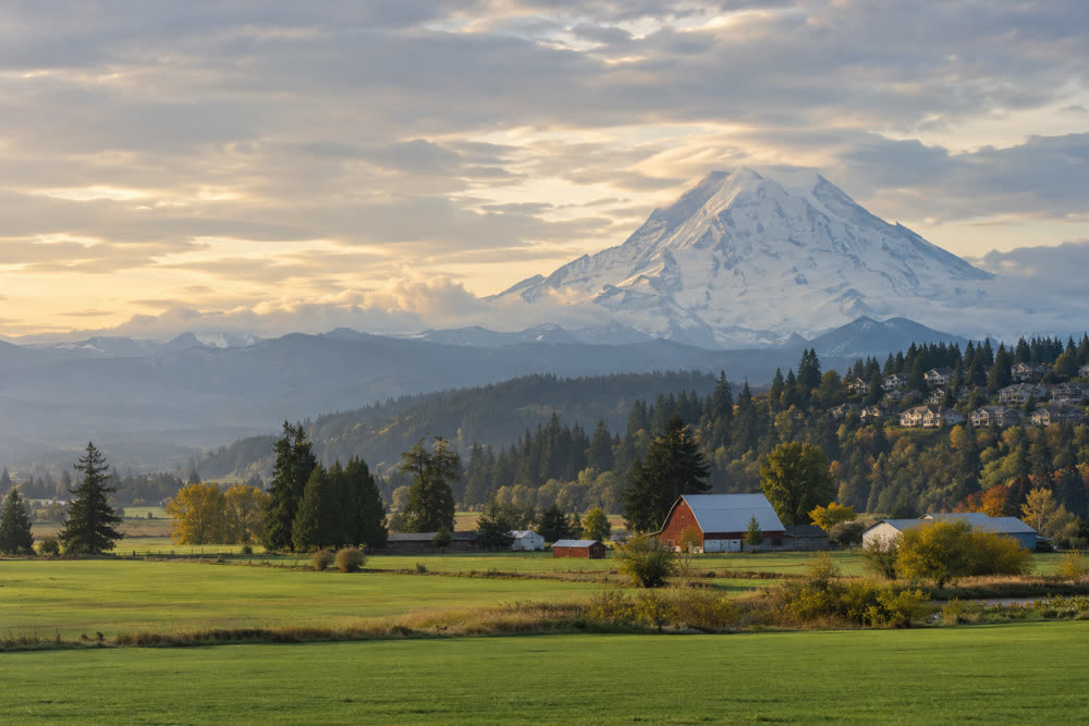Farm fields in the Puyallup valley with a red barn and Mount Rainier behind