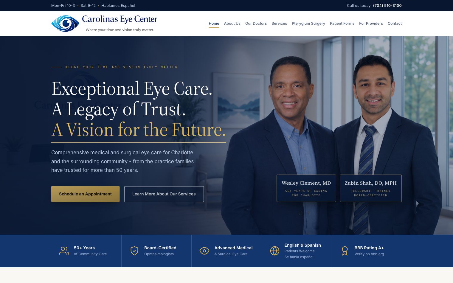 Homepage of Carolinas Eye Center, an ophthalmology practice in Charlotte, built by Narrows Web Co.
