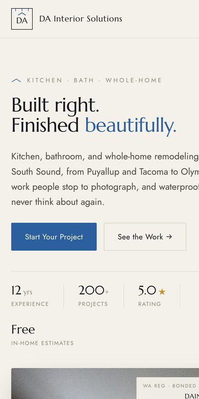 DA Interior Solutions on a phone: the same site at phone width
