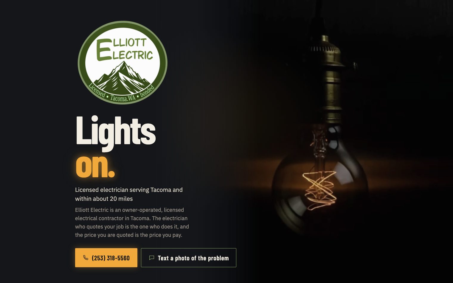 Homepage of Elliott Electric, a licensed electrician in Tacoma, built by Narrows Web Co.