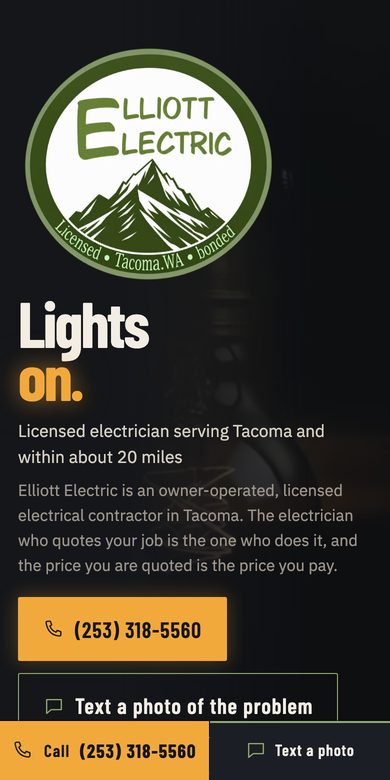 Elliott Electric on a phone: the same site at phone width