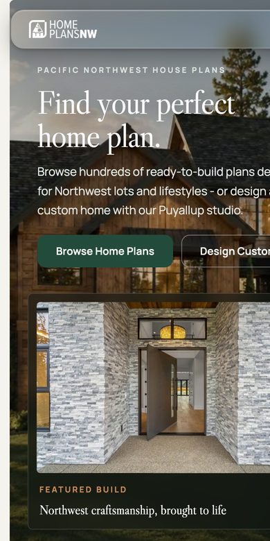 Home Plans NW on a phone: the same site at phone width