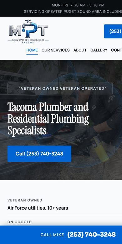 Mike's Plumbing on a phone: the same site at phone width