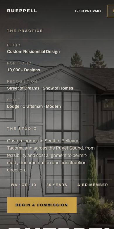 Rueppell on a phone: the same site at phone width