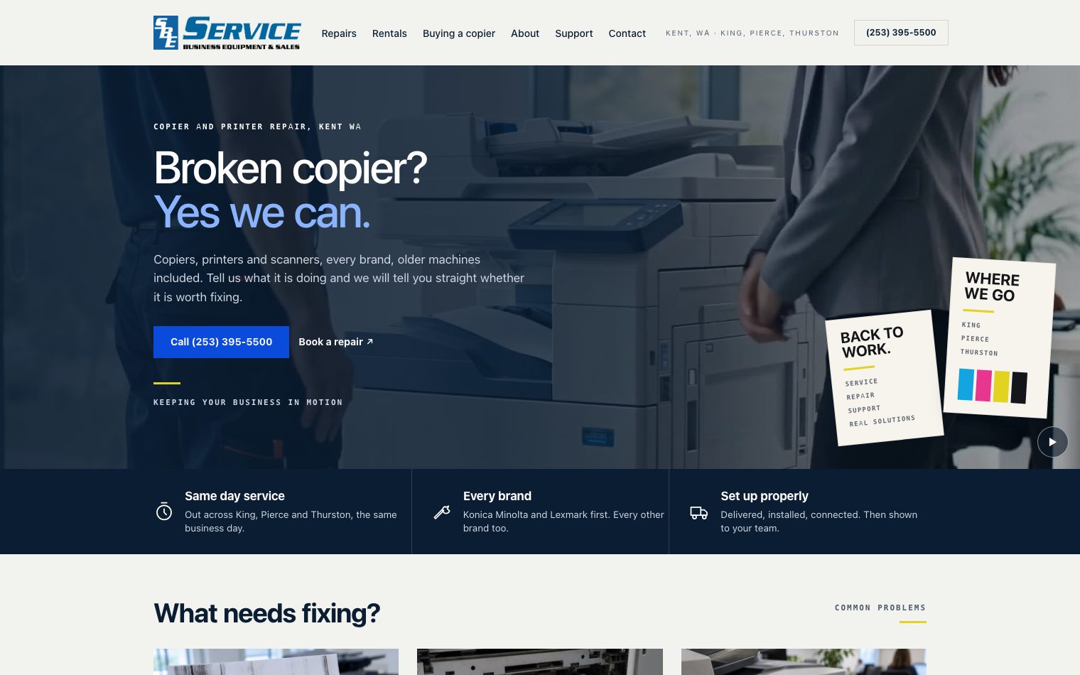 Homepage of Service Business Equipment and Sales, a Kent copier repair company, built by Narrows Web Co.