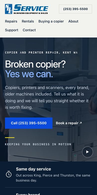 Service Business Equipment & Sales on a phone: the same site at phone width
